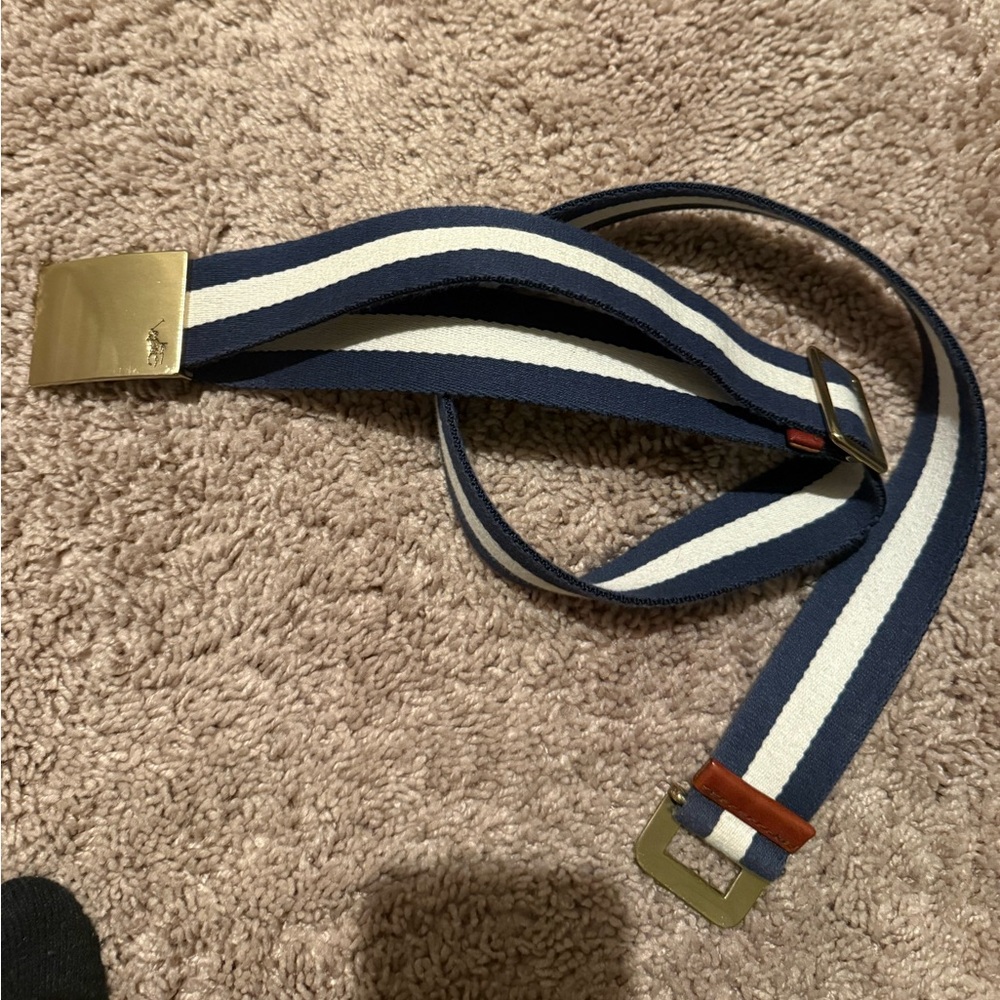 Polo Ralph Lauren Brass Buckle with Blue and White Stripe Belt